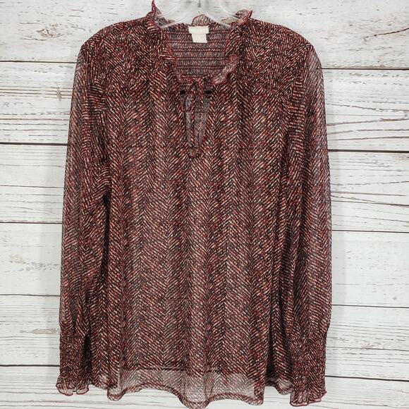 Chico's Herringbone Mesh Sheer Smocked Detail Long Sleeve Top Size 3 - Picture 1 of 11